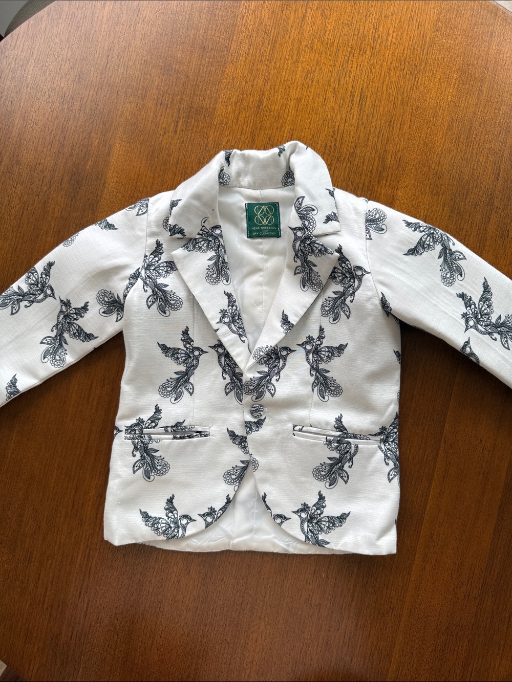 Boys 3T White Blazer with Black Bird Print - Boutique Label
